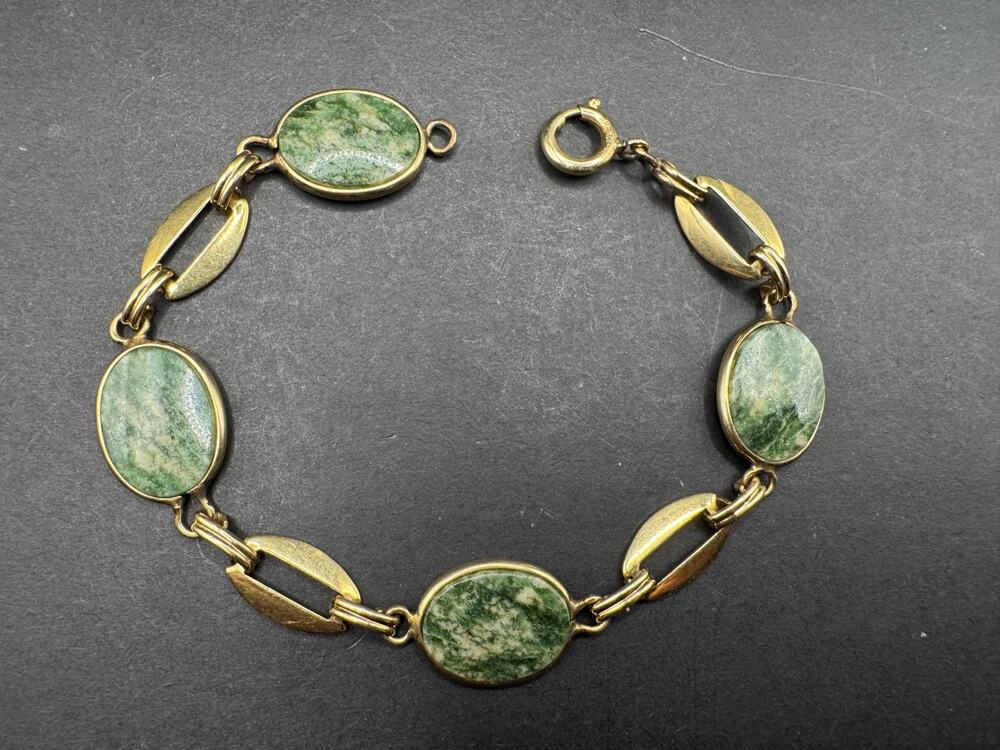 Vintage Green Jade Moss Agate 1/20 12K Gold-Filled Unique Link Bracelet Sz 7